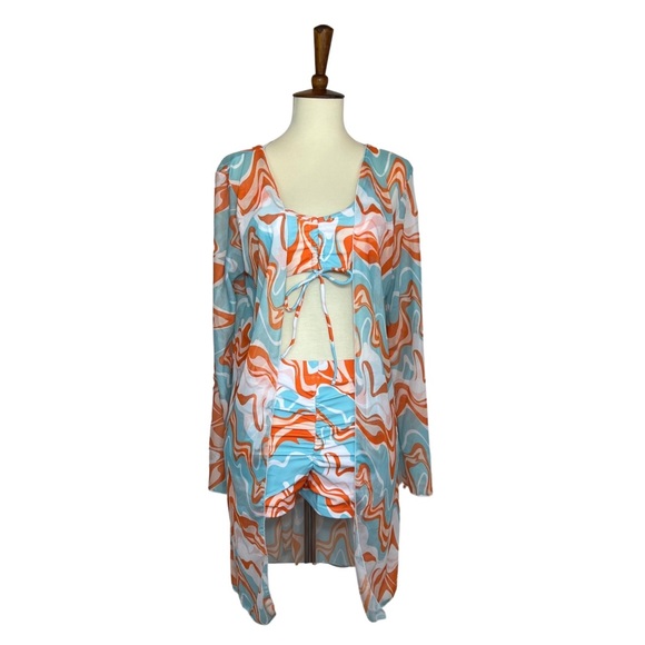 Retro 3 Pcs Set Orange Blue White Psychedelic Bikini & Coverup - Picture 5 of 15